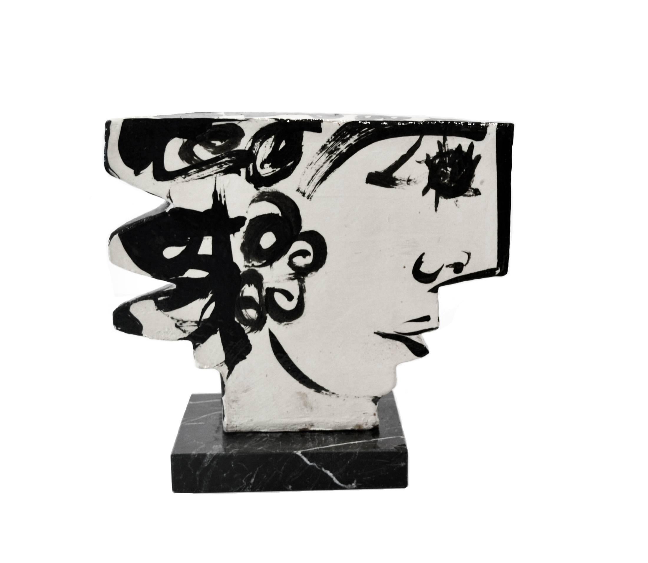 Abstract Sculpture by highly listed artist Barbara Mahl. Studio Pottery in the form of a double sided face/head, signed on the underside, 