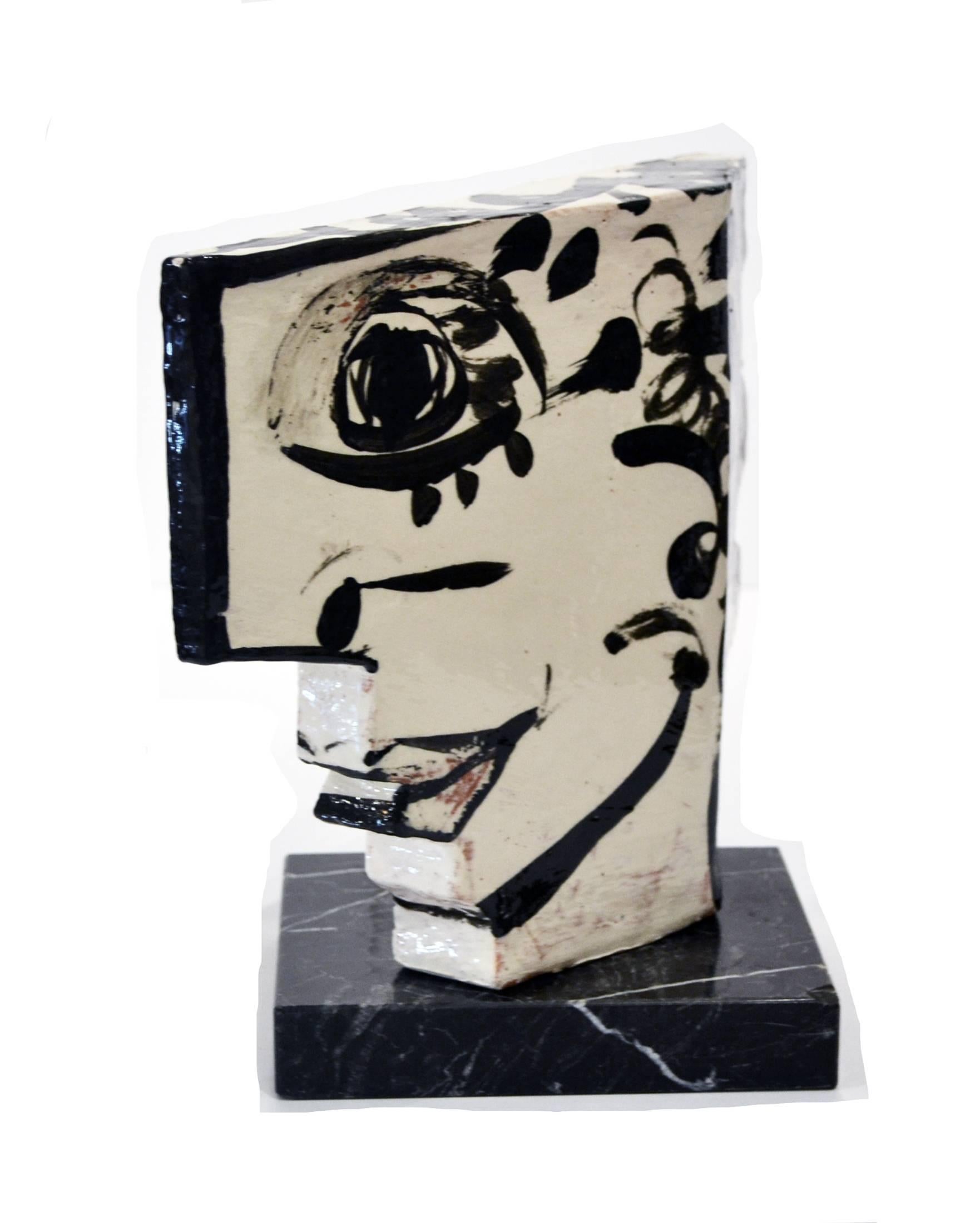 American Vintage Studio Pottery Sculpture of an Abstract Two Sided Face by Barbara Mahl