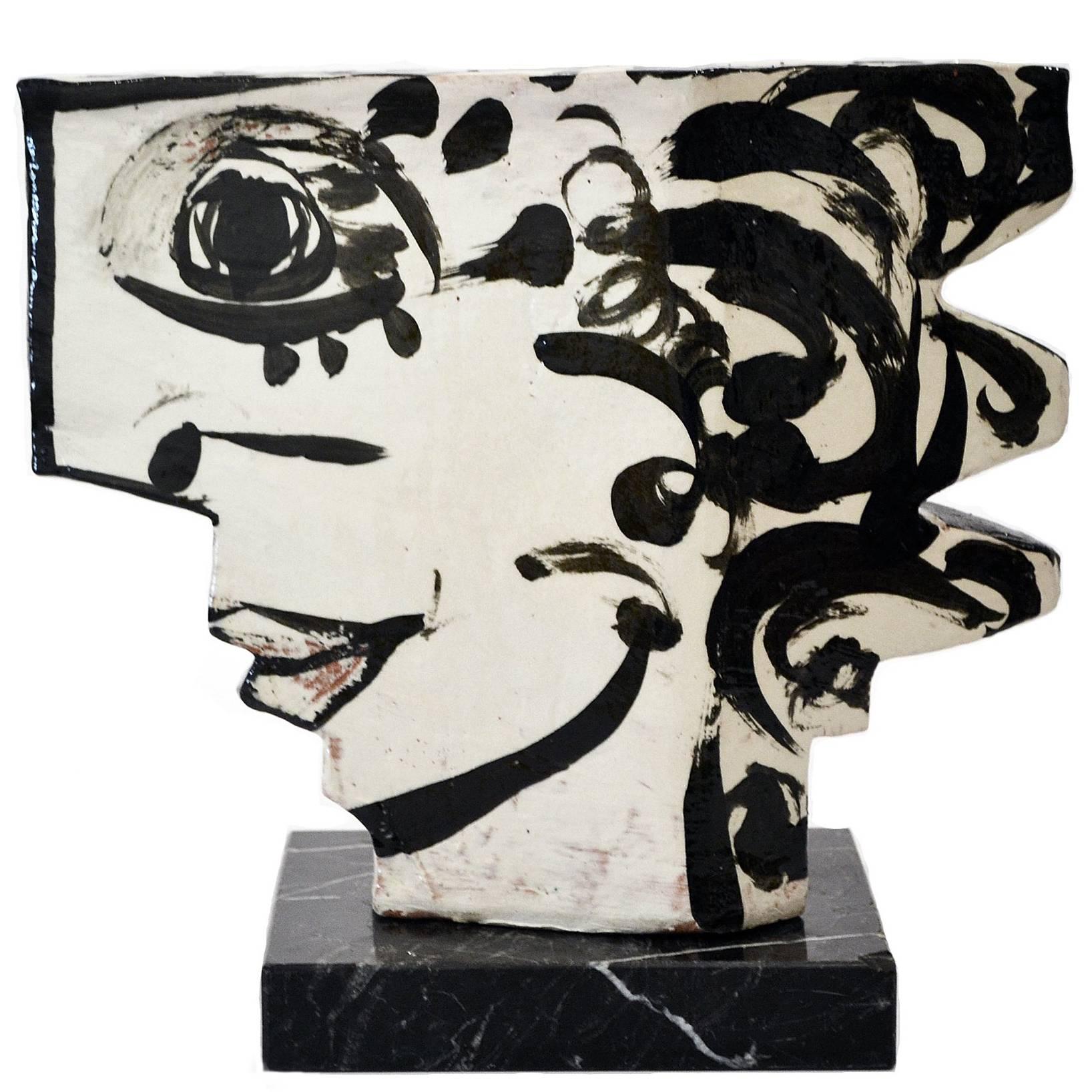 Vintage Studio Pottery Sculpture of an Abstract Two Sided Face by Barbara Mahl