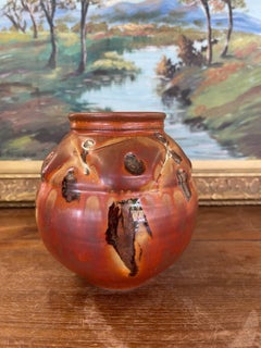 Vintage Studio Pottery Vase with Carved Abstract Glaze Accents in Burnt Umber