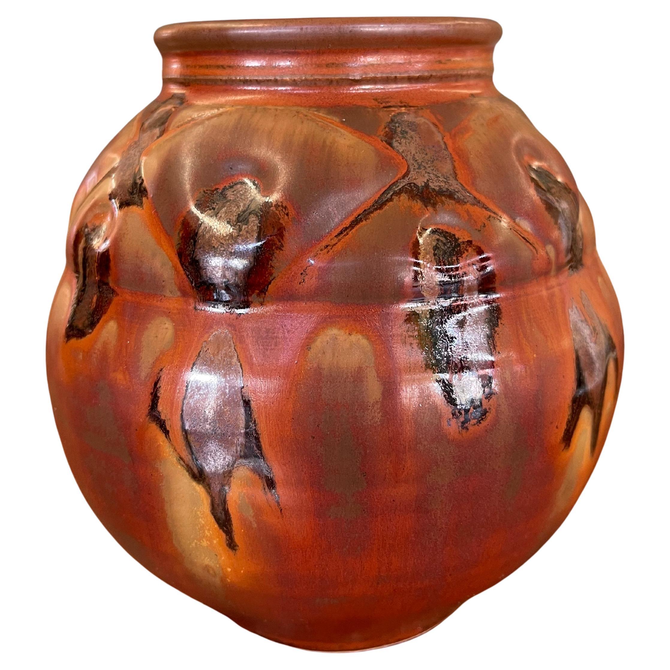 Vintage Studio Pottery Vase with Carved Abstract Glaze Accents in Burnt Umber