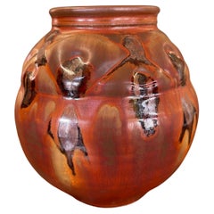 Vintage Studio Pottery Vase with Carved Abstract Glaze Accents in Burnt Umber