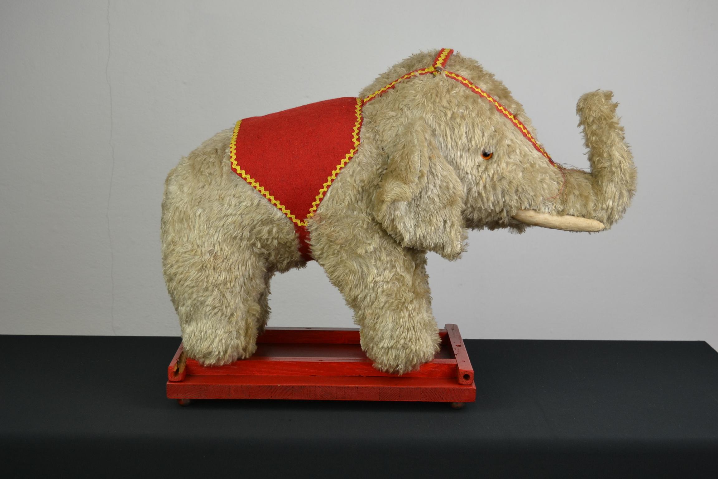 Glass Vintage Stuffed Elephant Toy on Wooden Cart with Wheels, 1960s For Sale