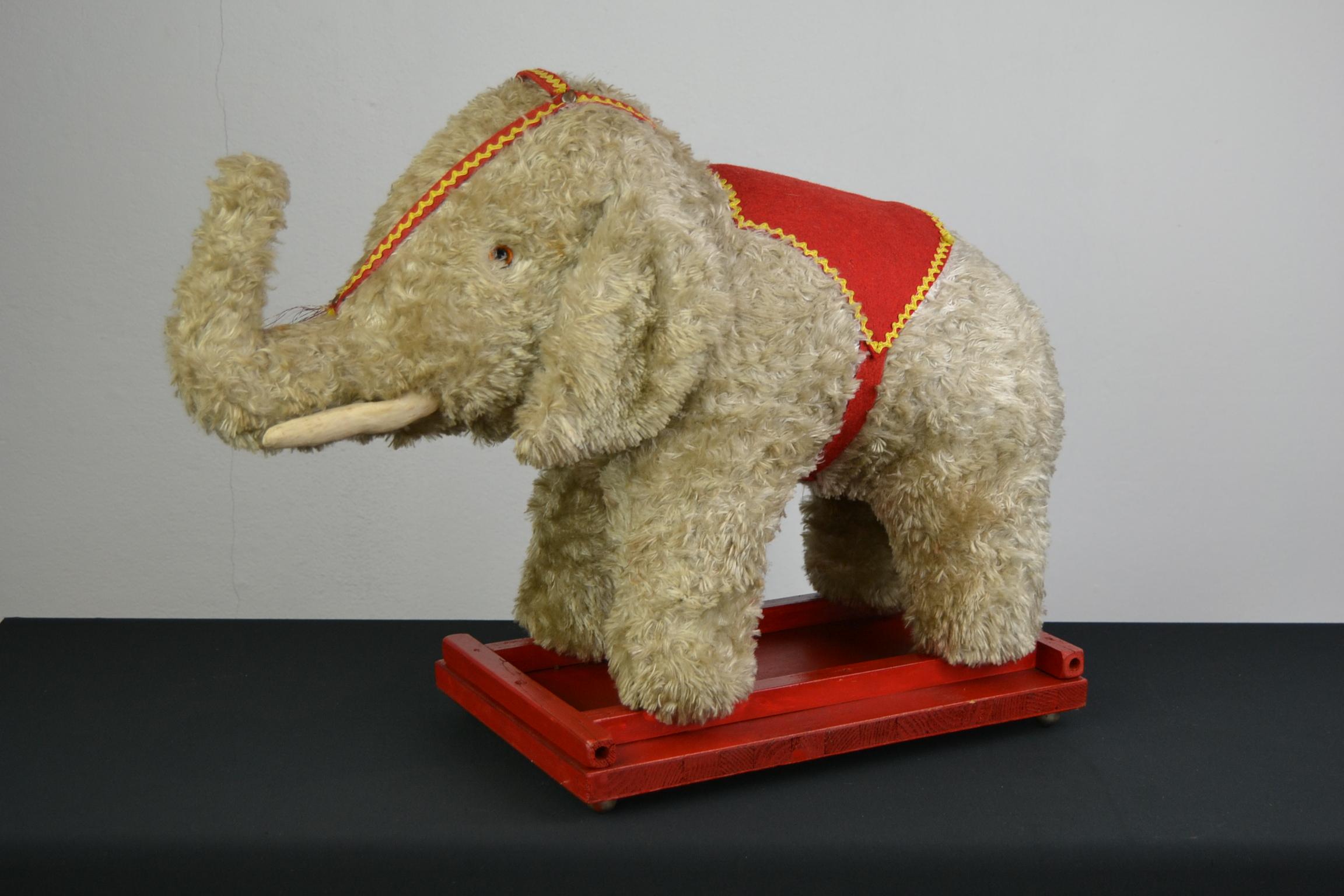 Vintage Stuffed Elephant Toy on Wooden Cart with Wheels, 1960s For Sale 7
