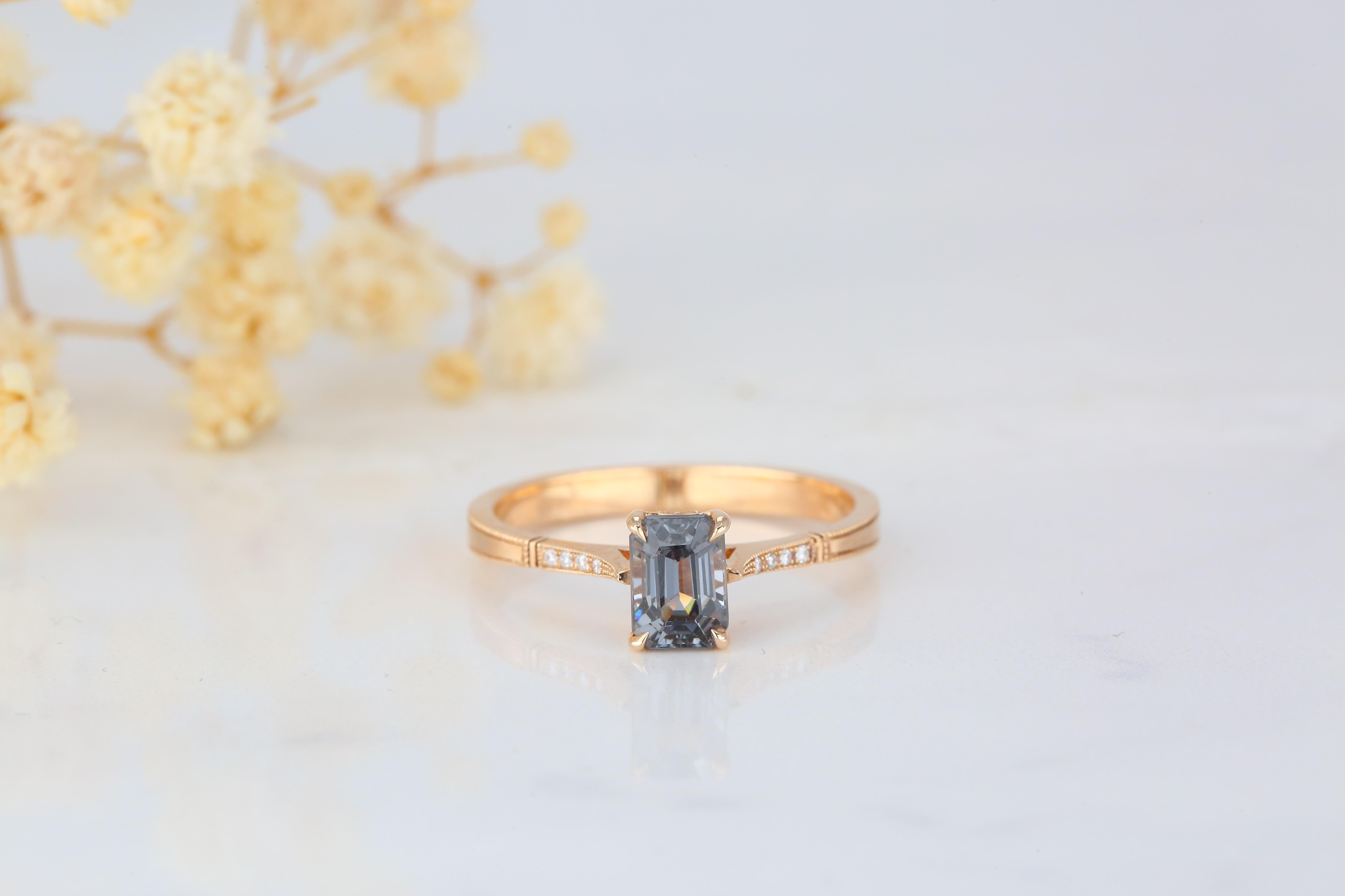 Vintage Style 0.99 Ct Emerald Cut Spinel with Diamond Engagement Ring, 14K Solitaire Ring, created by hands from ring to the stone shapes.

I used brillant spinel in vintage style for lovers of vintage style engagement ring. I completed these in 14K