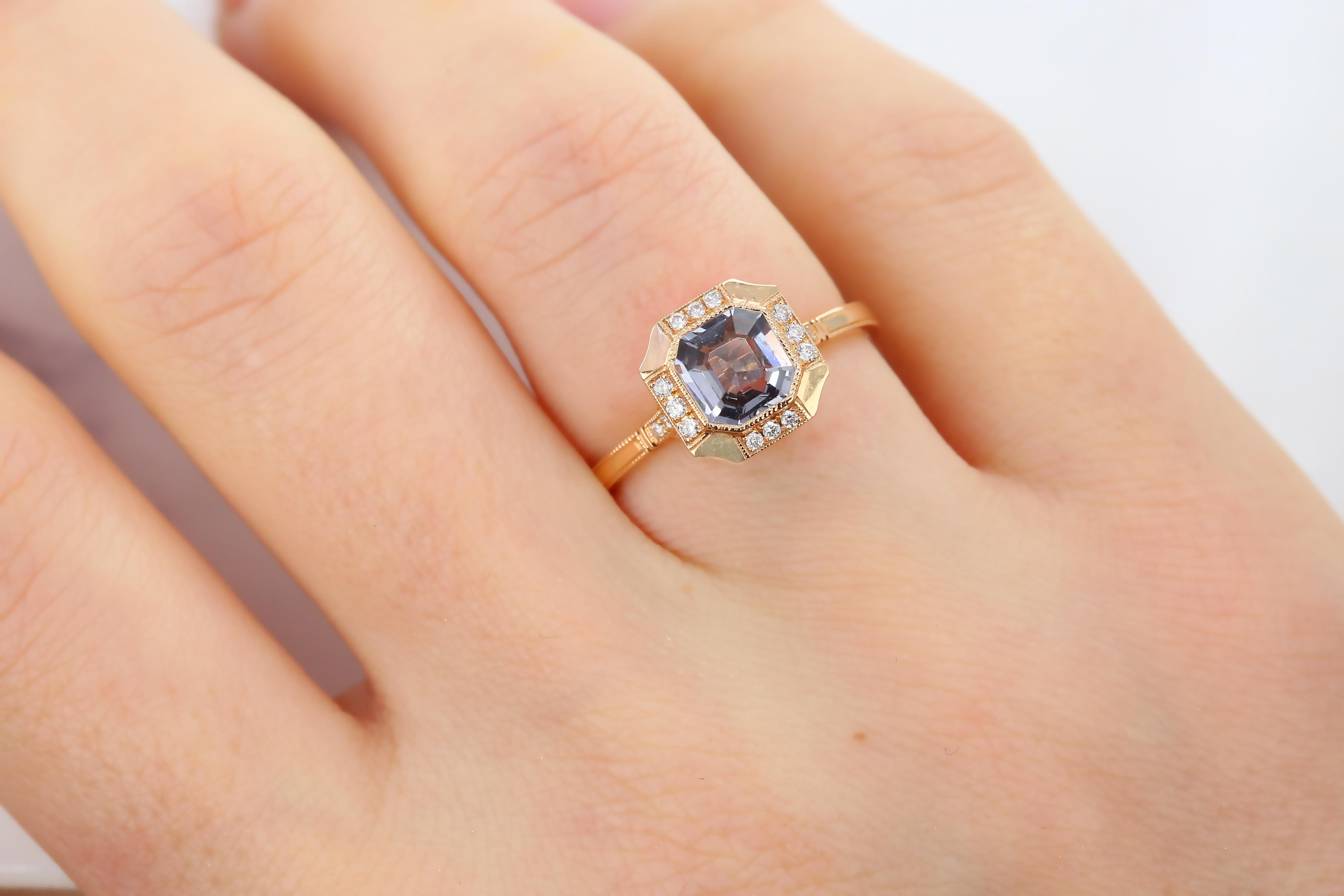 Vintage Style 0.99 Ct Spinel with Diamond Engagement Ring, 14K Solitaire Ring, created by hands from ring to the stone shapes.

I used brillant spinel in vintage style for lovers of vintage style engagement ring. I completed these in 14K solid