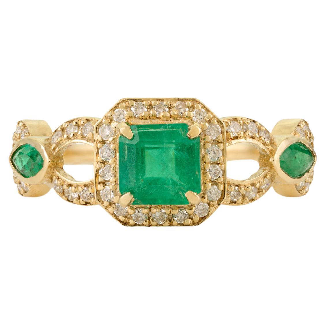 Vintage Style 1 Karat Smaragd & Diamant Halo Verlobungsring in 14k Gelbgold