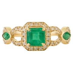 Vintage Style 1 Karat Smaragd & Diamant Halo Verlobungsring in 14k Gelbgold