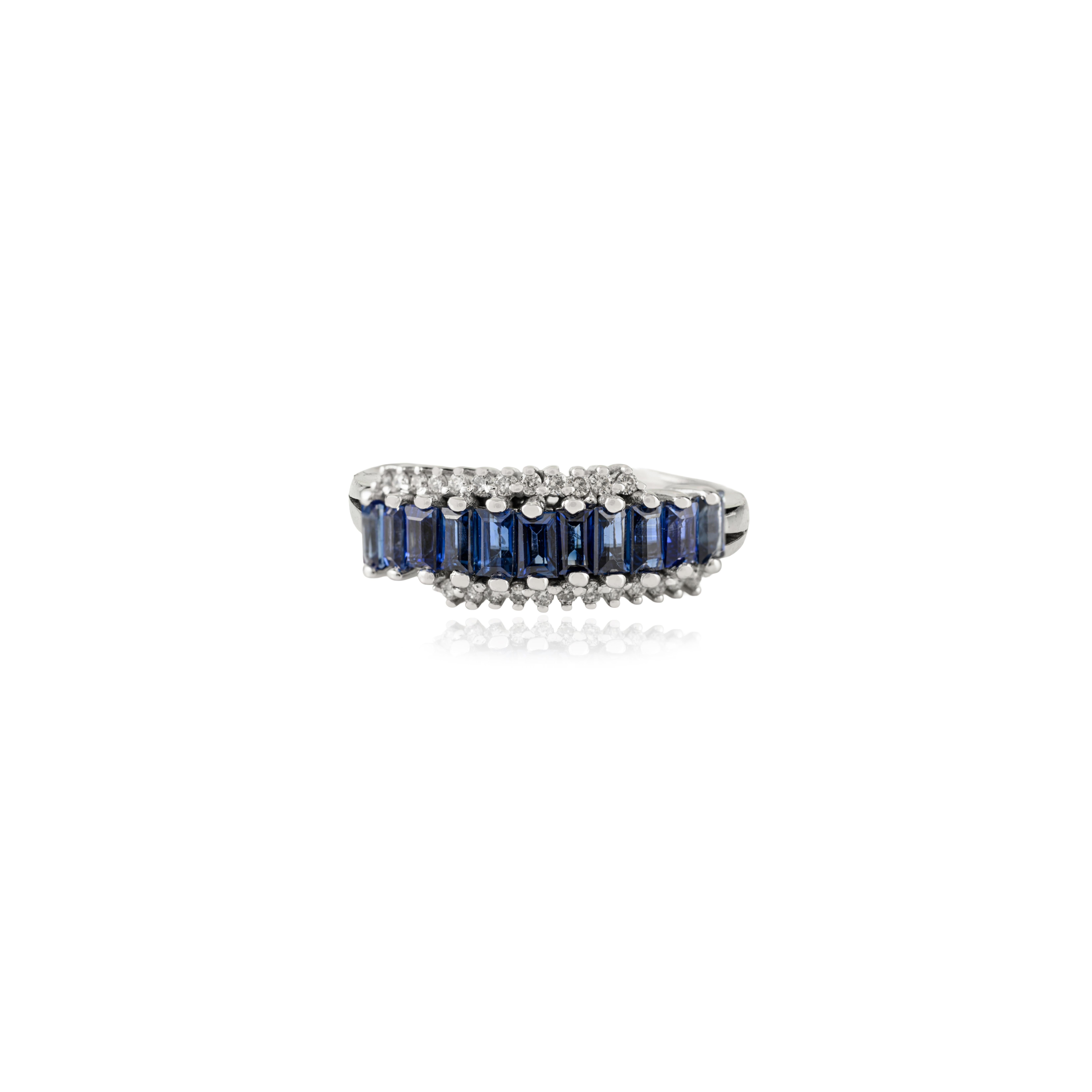 For Sale:  Vintage-Style 1.06 Ct Baguette Blue Sapphire 
Diamond Band Ring 14K White Gold