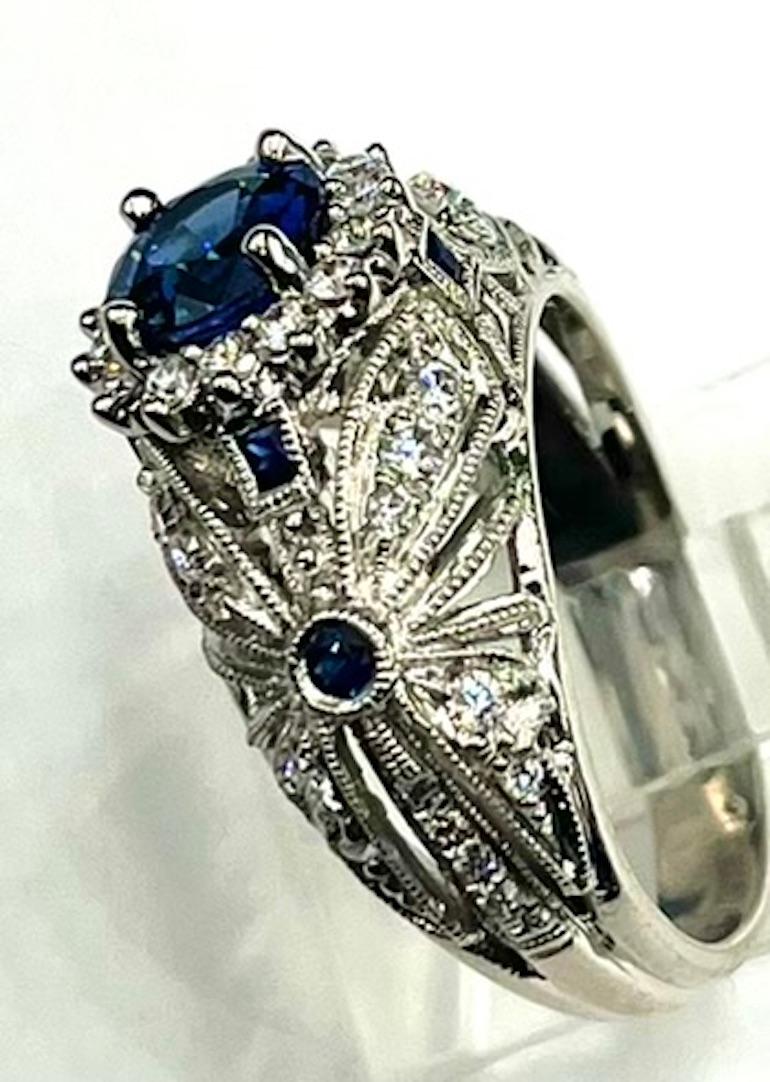 Vintage Style 1.36CT Round Natural Blue Sapphire Platinum Ring For Sale 1