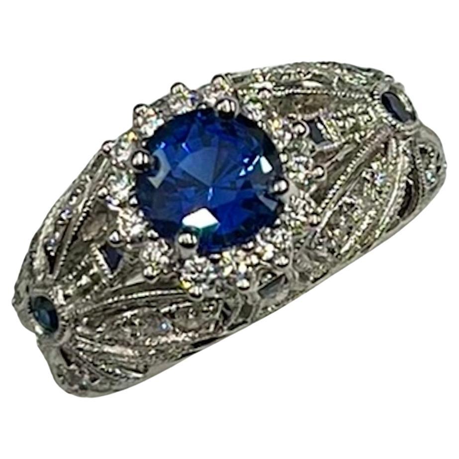 Vintage Style 1.36CT Round Natural Blue Sapphire Platinum Ring For Sale