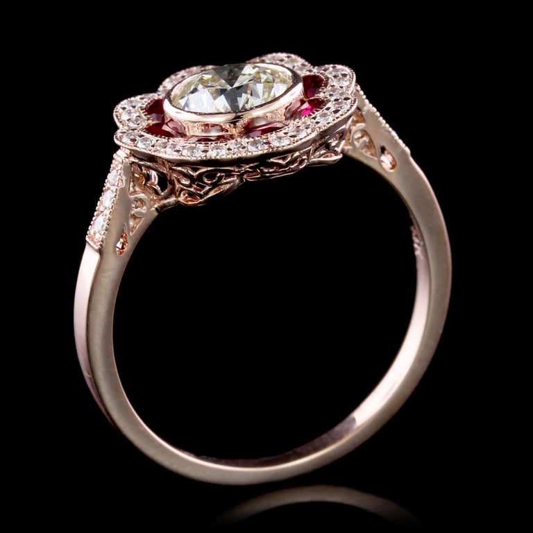Vintage Style 14 Karat Rose Gold Diamond and Ruby Engagement Ring at ...