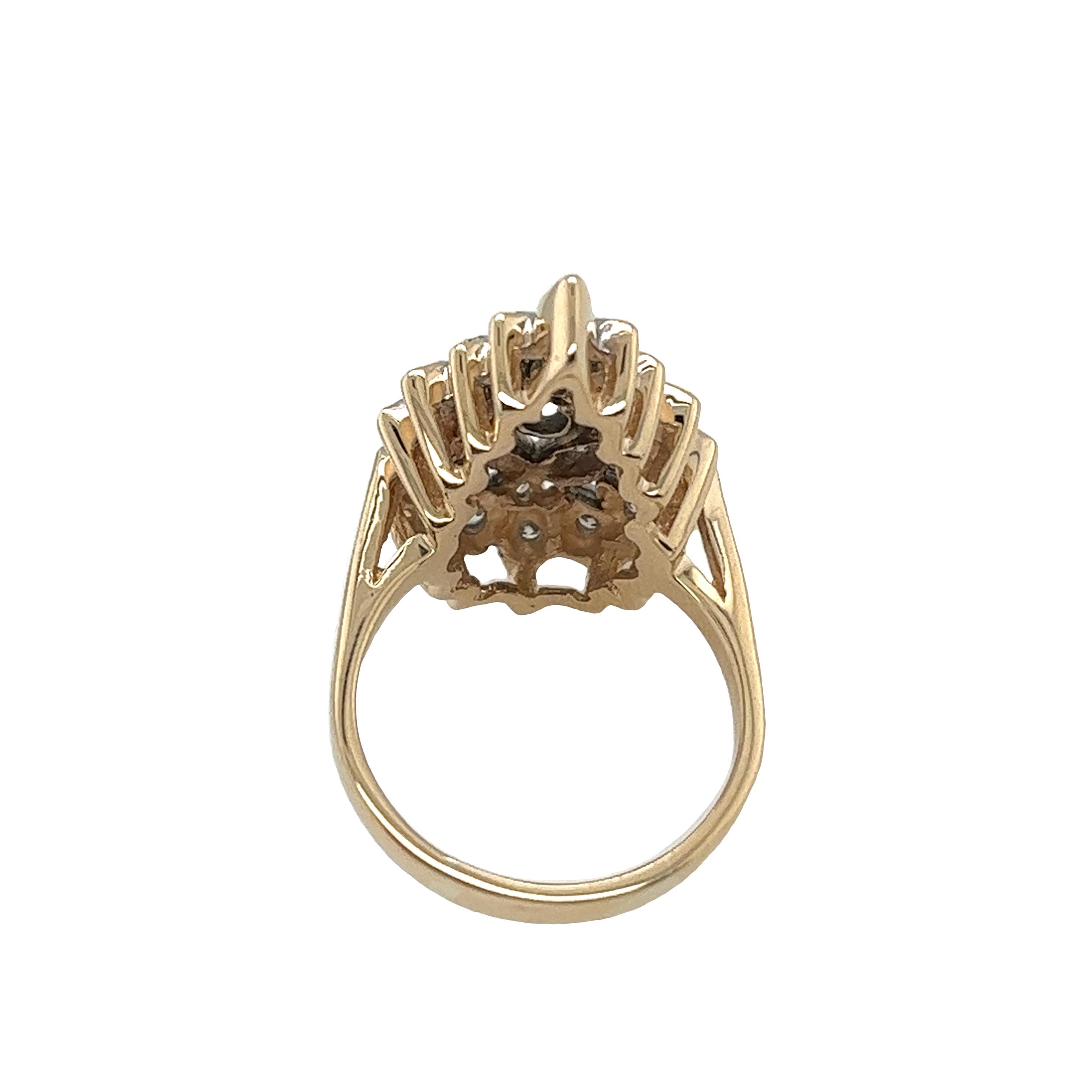 An elegant and unique vintage diamond cluster ring, 
set with 0.70ct H-I colour and SI clarity 
round brilliant cut diamonds
in a 14ct yellow gold setting.
Total Diamond Weight: 0.70ct
Diamond Colour: H-I
Diamond Clarity: SI1
Width of Band: