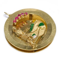 Vintage-style 14k Gold Golf Scene Pendant with Rubies and Pearl