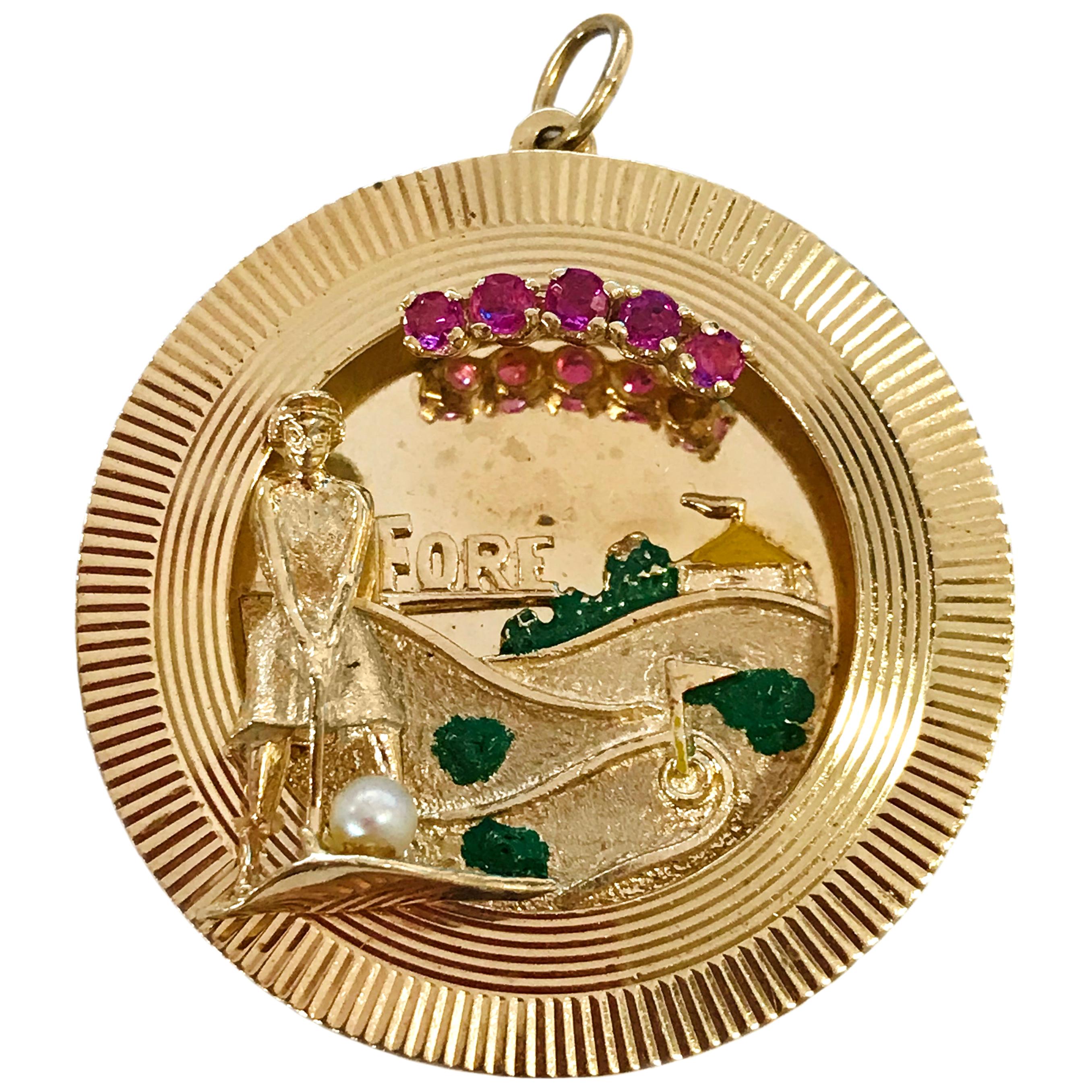 Vintage-style 14k Gold Golf Scene Pendant with Rubies and Pearl For Sale
