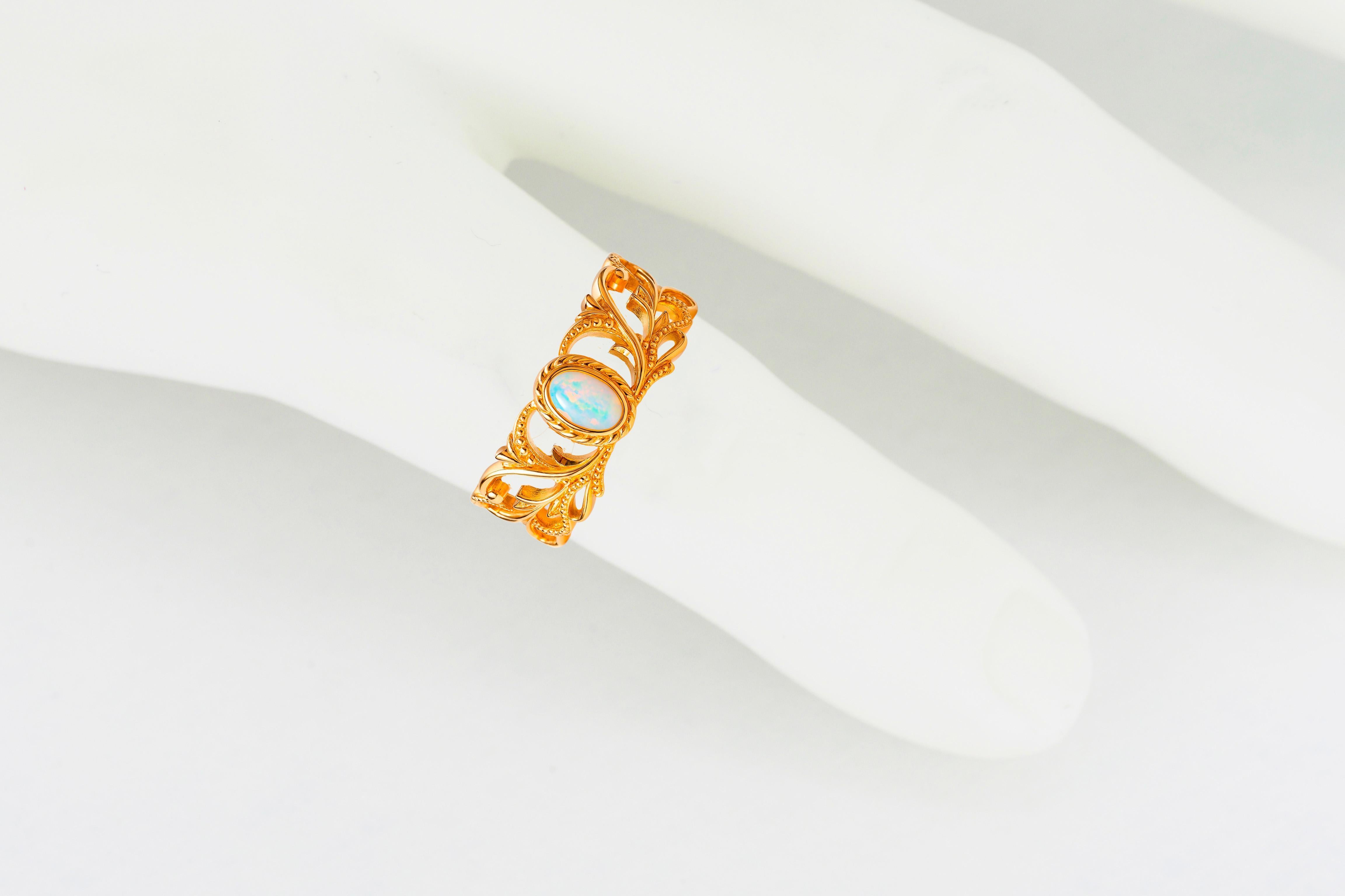 Im Angebot: 14k Goldring im Vintage-Stil mit ovalem Opal-Cabochon () 5