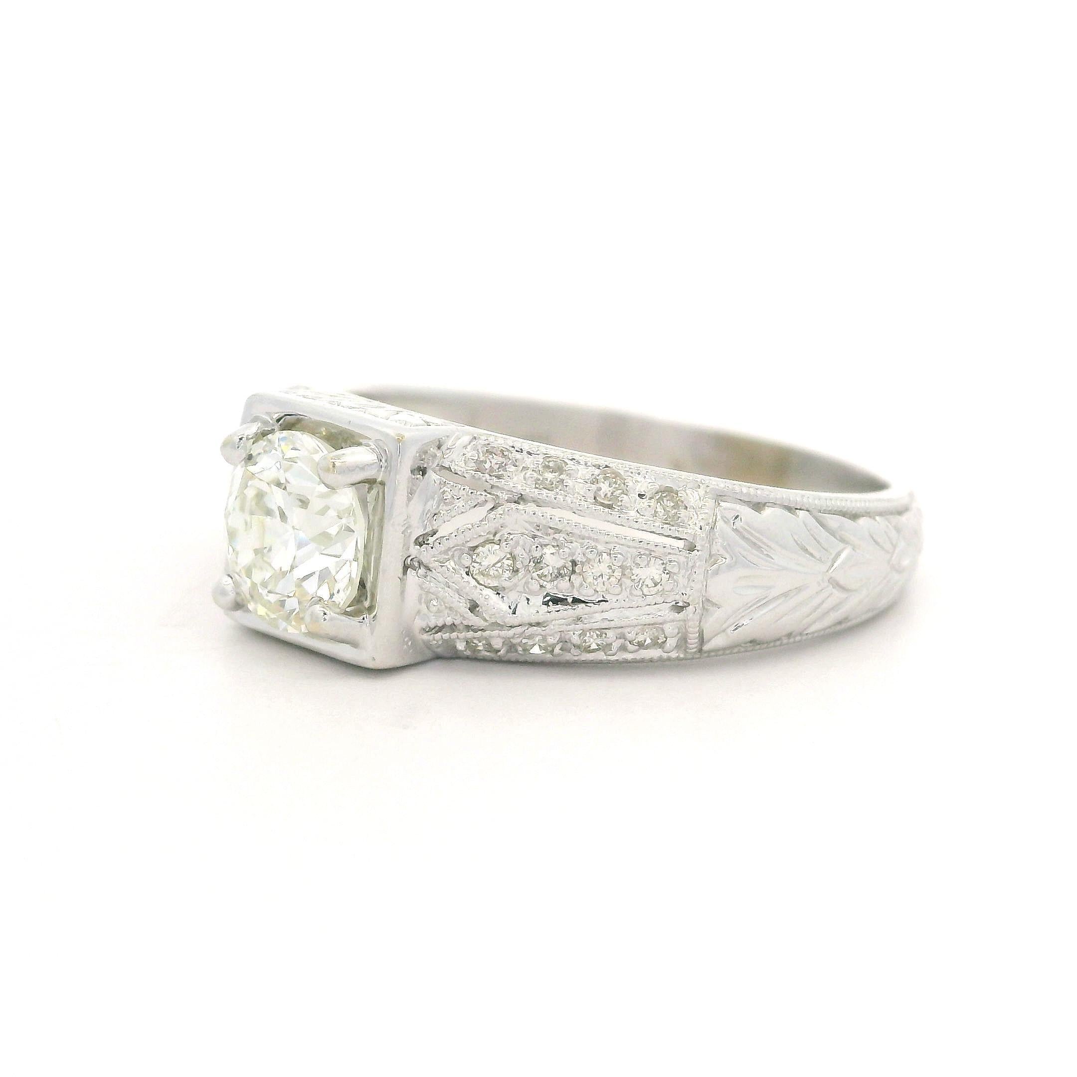 Vintage Style 14k White Gold 1.15ctw Round Cut Diamond Engraved Engagement Ring For Sale 6