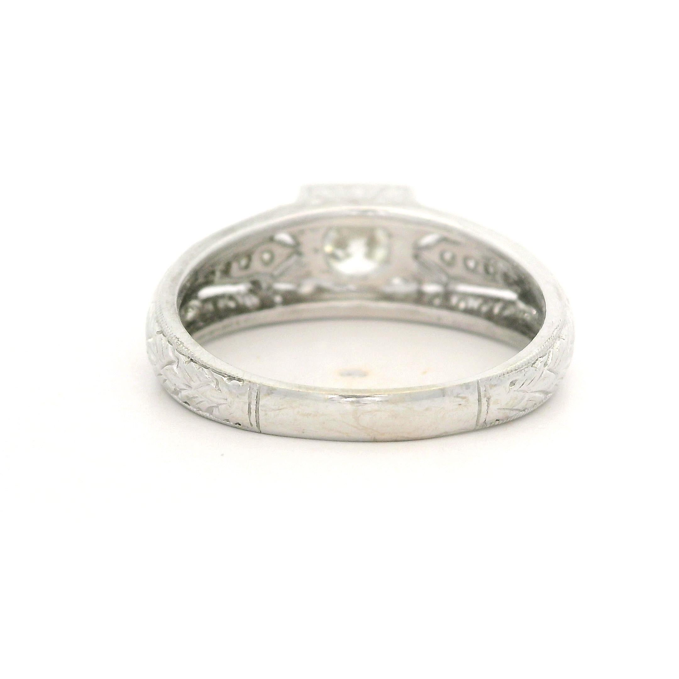 Vintage Style 14k White Gold 1.15ctw Round Cut Diamond Engraved Engagement Ring For Sale 7