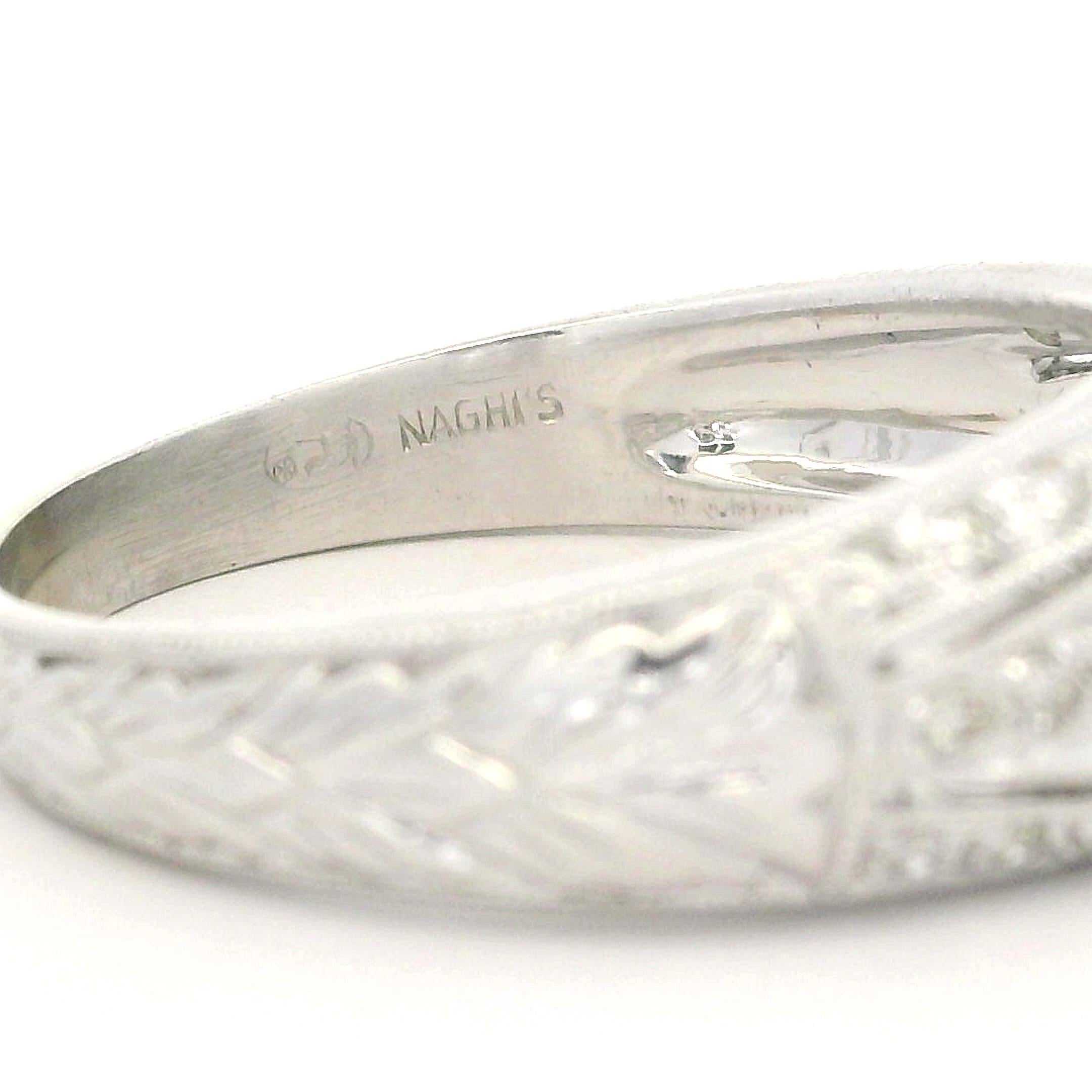 Vintage Style 14k White Gold 1.15ctw Round Cut Diamond Engraved Engagement Ring For Sale 9