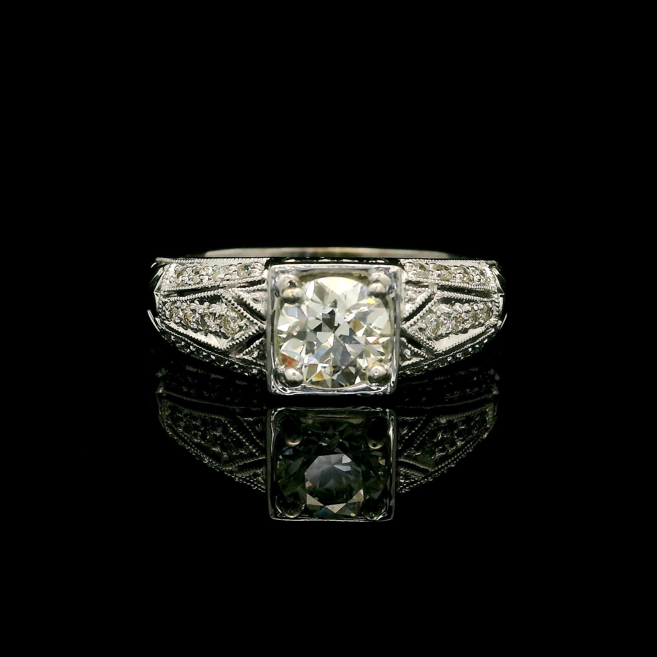 Vintage Style 14k White Gold 1.15ctw Round Cut Diamond Engraved Engagement Ring For Sale 10