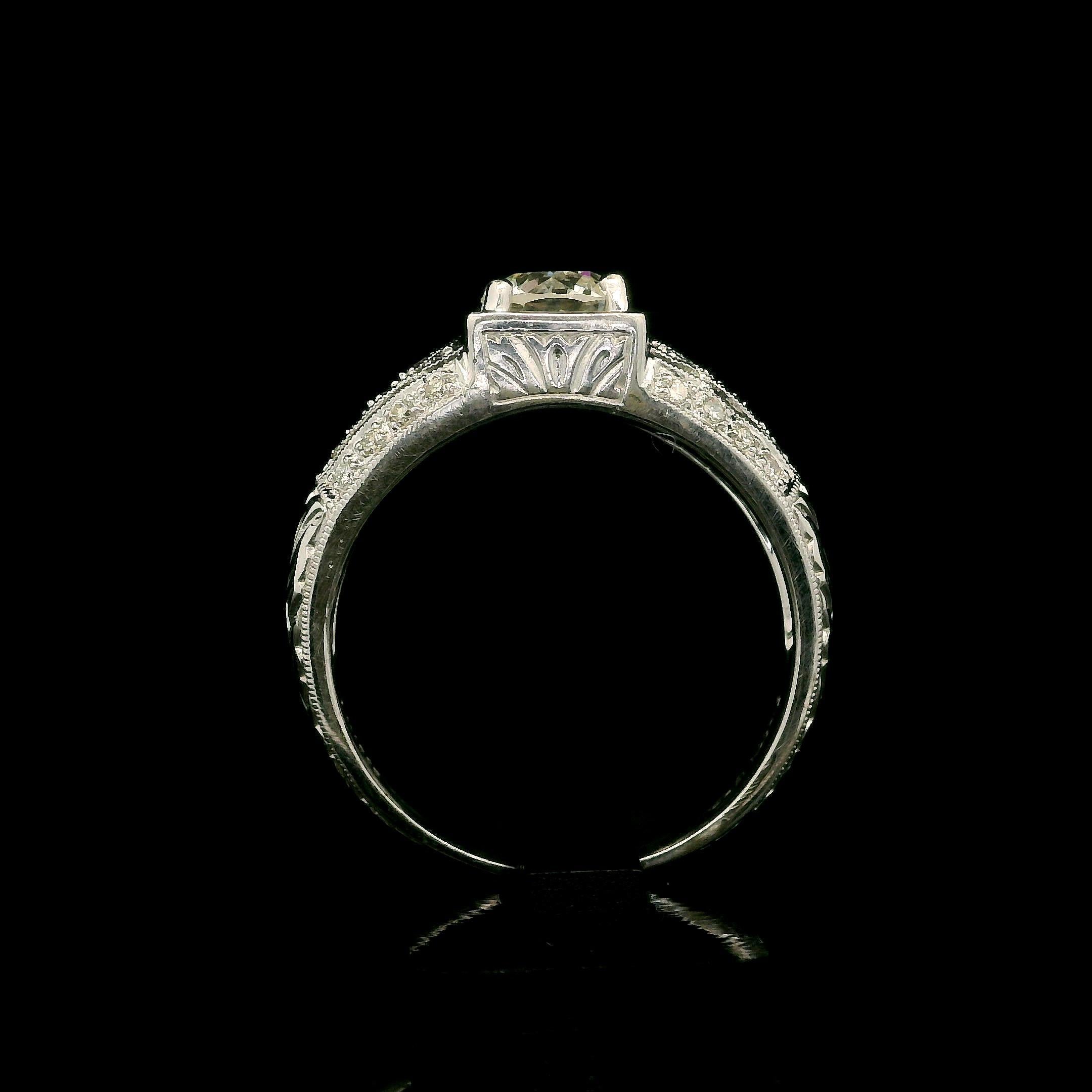 Women's Vintage Style 14k White Gold 1.15ctw Round Cut Diamond Engraved Engagement Ring For Sale