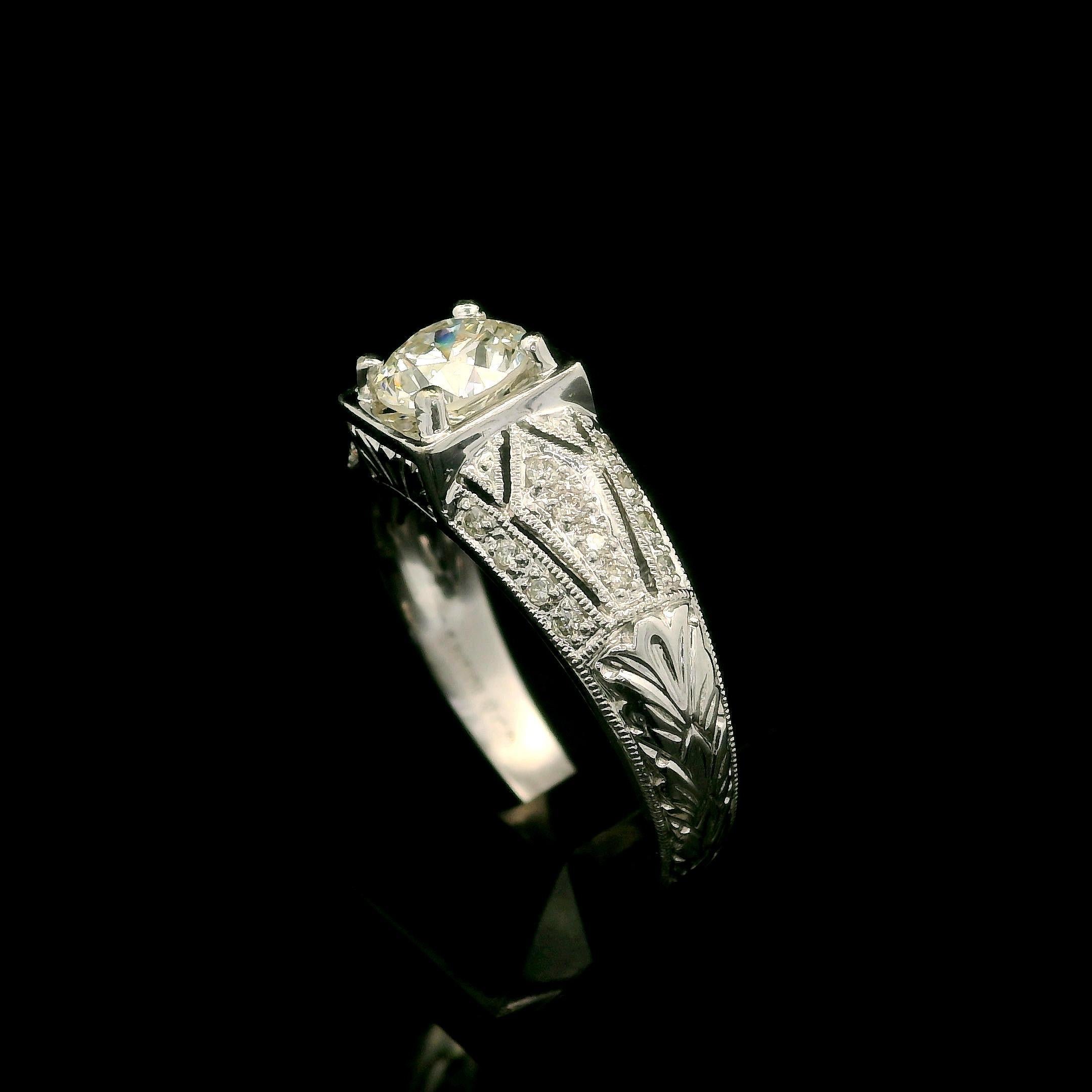 Vintage Style 14k White Gold 1.15ctw Round Cut Diamond Engraved Engagement Ring For Sale 1