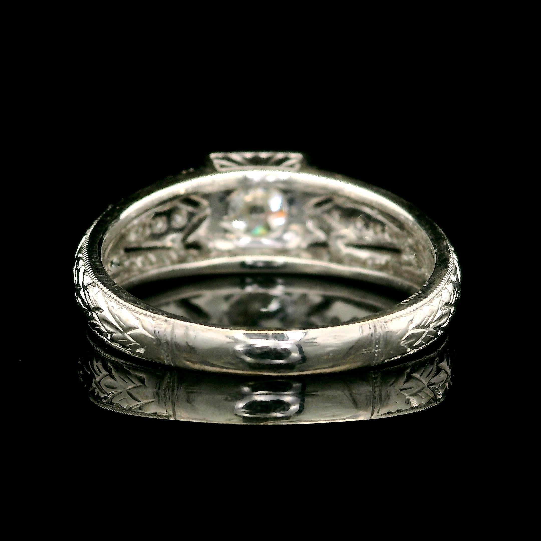 Vintage Style 14k White Gold 1.15ctw Round Cut Diamond Engraved Engagement Ring For Sale 2