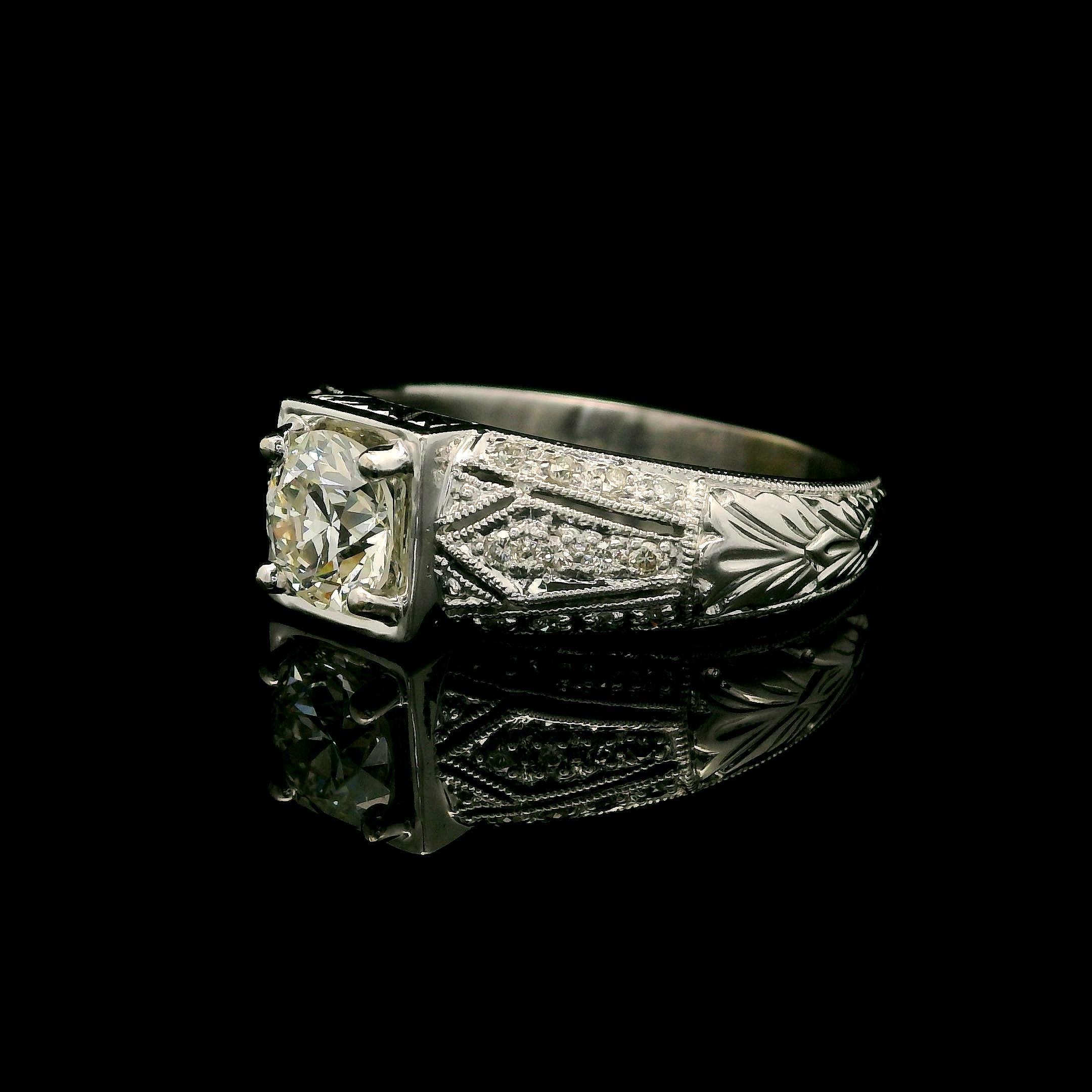 Vintage Style 14k White Gold 1.15ctw Round Cut Diamond Engraved Engagement Ring For Sale 3
