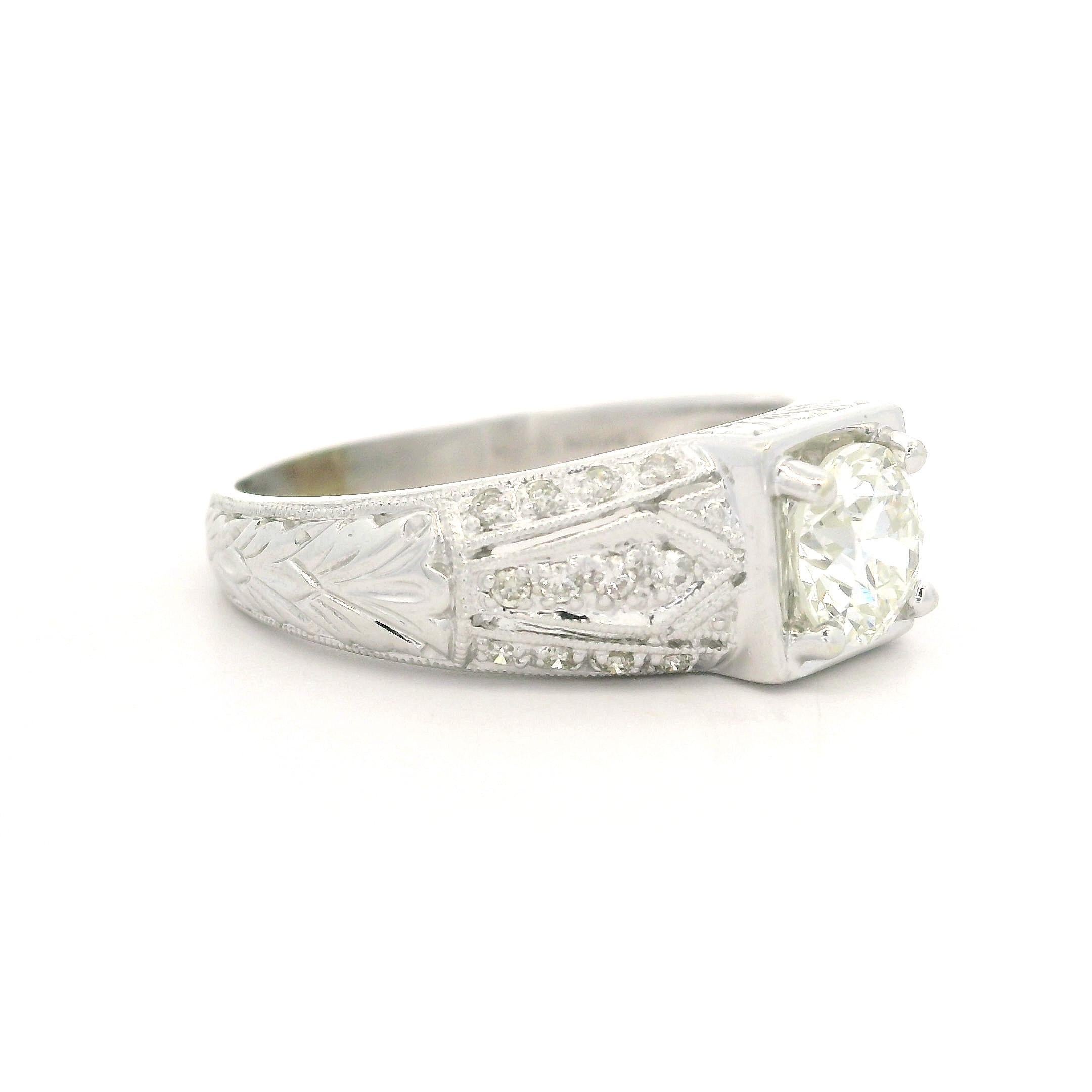 Vintage Style 14k White Gold 1.15ctw Round Cut Diamond Engraved Engagement Ring For Sale 5