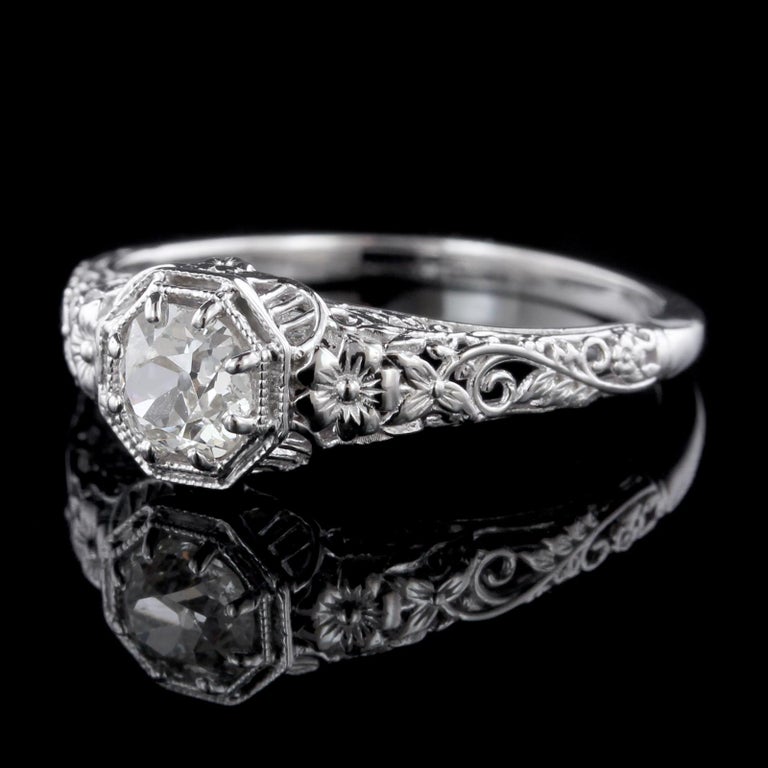 Vintage Style 14 Karat White Gold Diamond Engagement Ring For Sale at