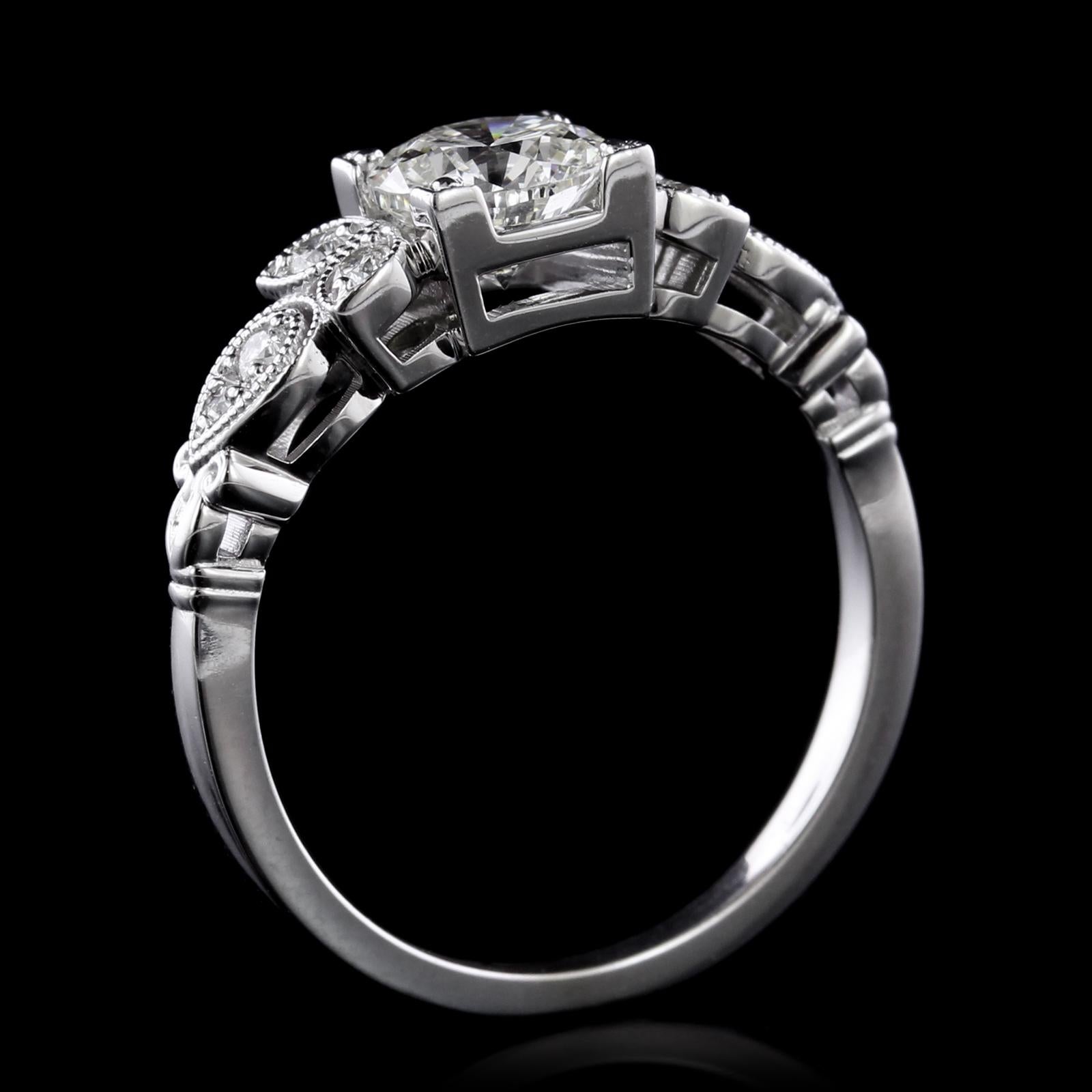 Round Cut Vintage Style 14 Karat White Gold Diamond Engagement Ring