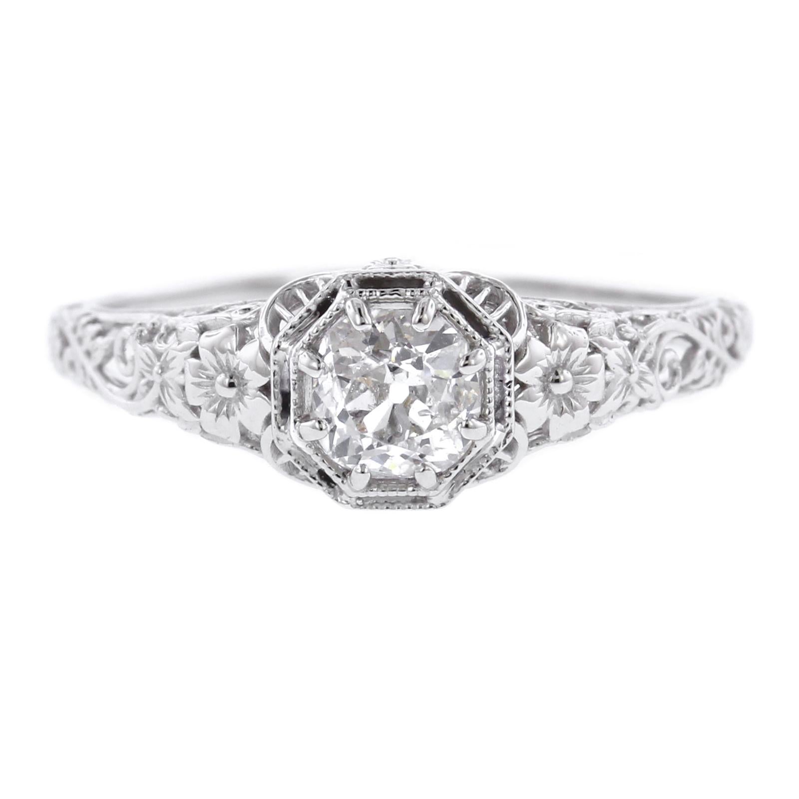 Vintage Style 14 Karat White Gold Diamond Engagement Ring For Sale at ...