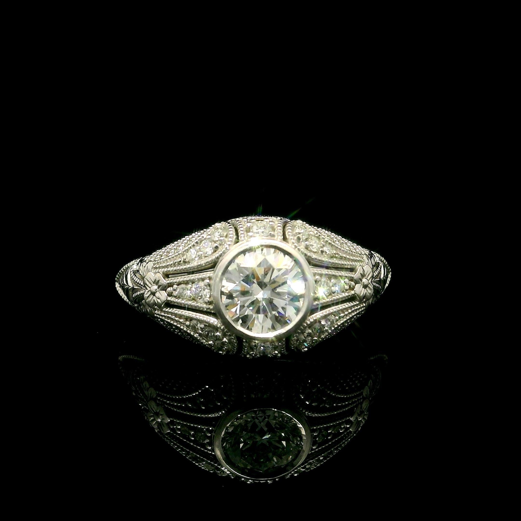 Anello in stile vintage in oro bianco 14k GIA 1,09ctw con diamante a grani di grano In condizioni ottime in vendita a Montclair, NJ