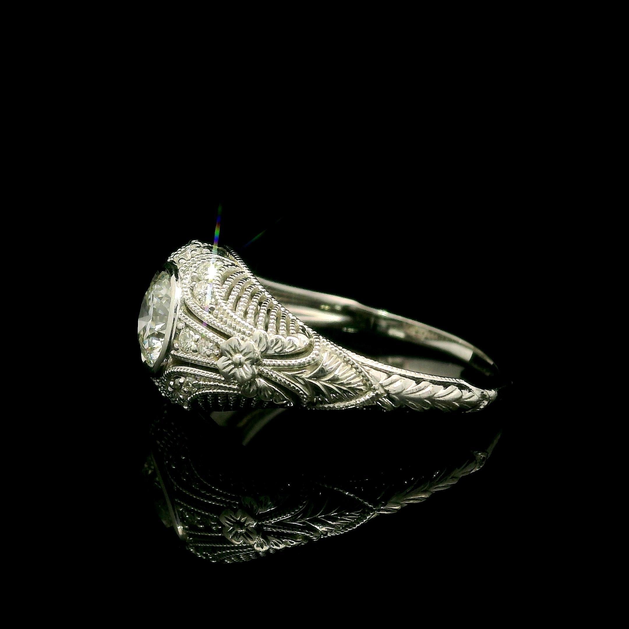 Anello in stile vintage in oro bianco 14k GIA 1,09ctw con diamante a grani di grano in vendita 2