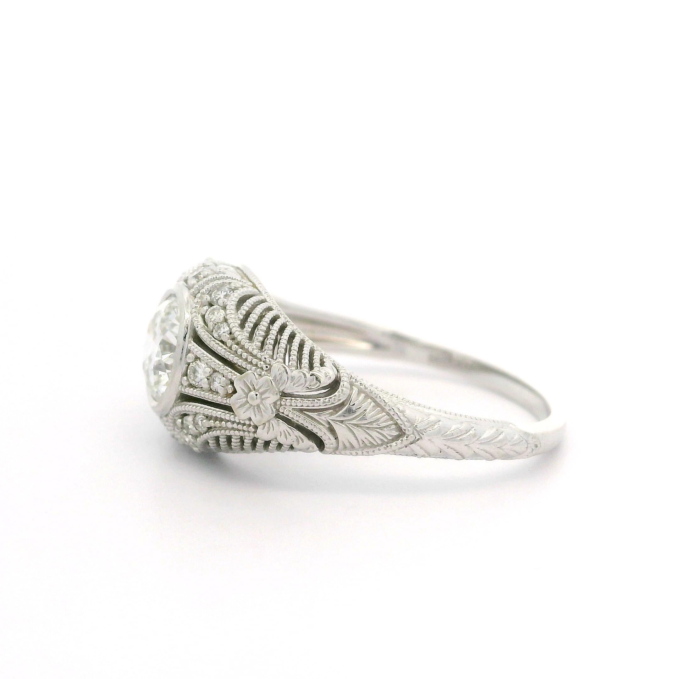 Anello in stile vintage in oro bianco 14k GIA 1,09ctw con diamante a grani di grano in vendita 3