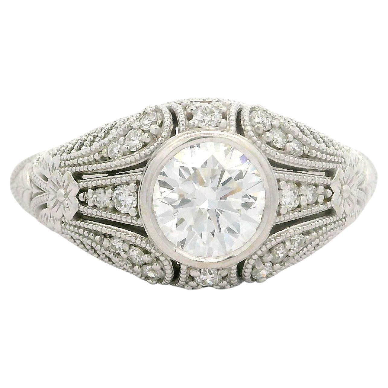 Anillo Estilo Vintage de Oro Blanco de 14k GIA 1.09ctw Diamante Milgrain Trabajo de Trigo