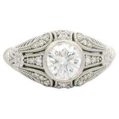 Vintage Style 14k White Gold GIA 1.09ctw Diamond Milgrain Wheat Work Ring
