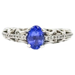 Anillo de oro blanco de 14k con tanzanita y diamantes estilo vintage
