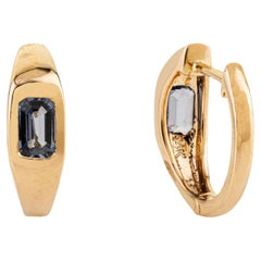 Vintage-Style 14K Yellow Gold Emerald-Cut Blue Sapphire Huggie Hoop Earrings