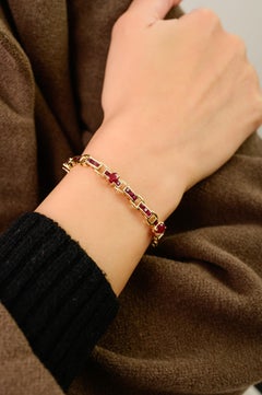 Vintage-Stil 14K Gelbgold Link Armband mit 7,02 CTW Oval & Baguette Rubine