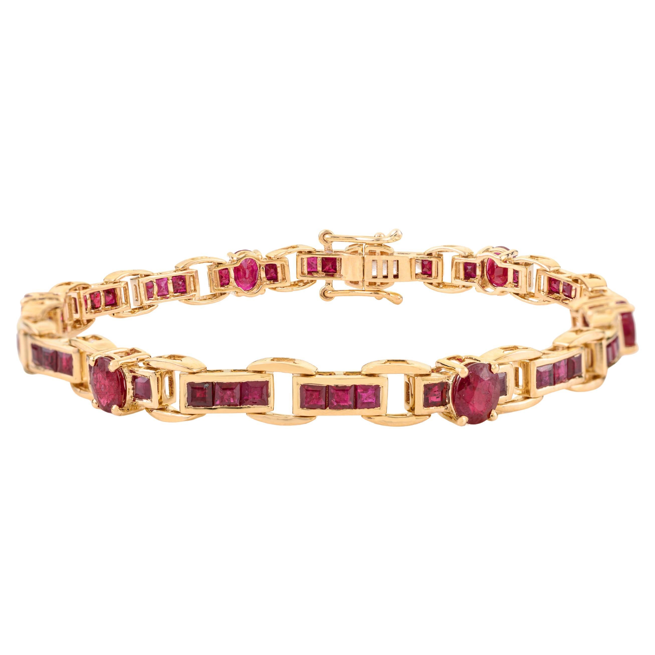 Vintage-Style 14K Yellow Gold Link Bracelet with 7.02 CTW Oval 
Baguette Rubies For Sale