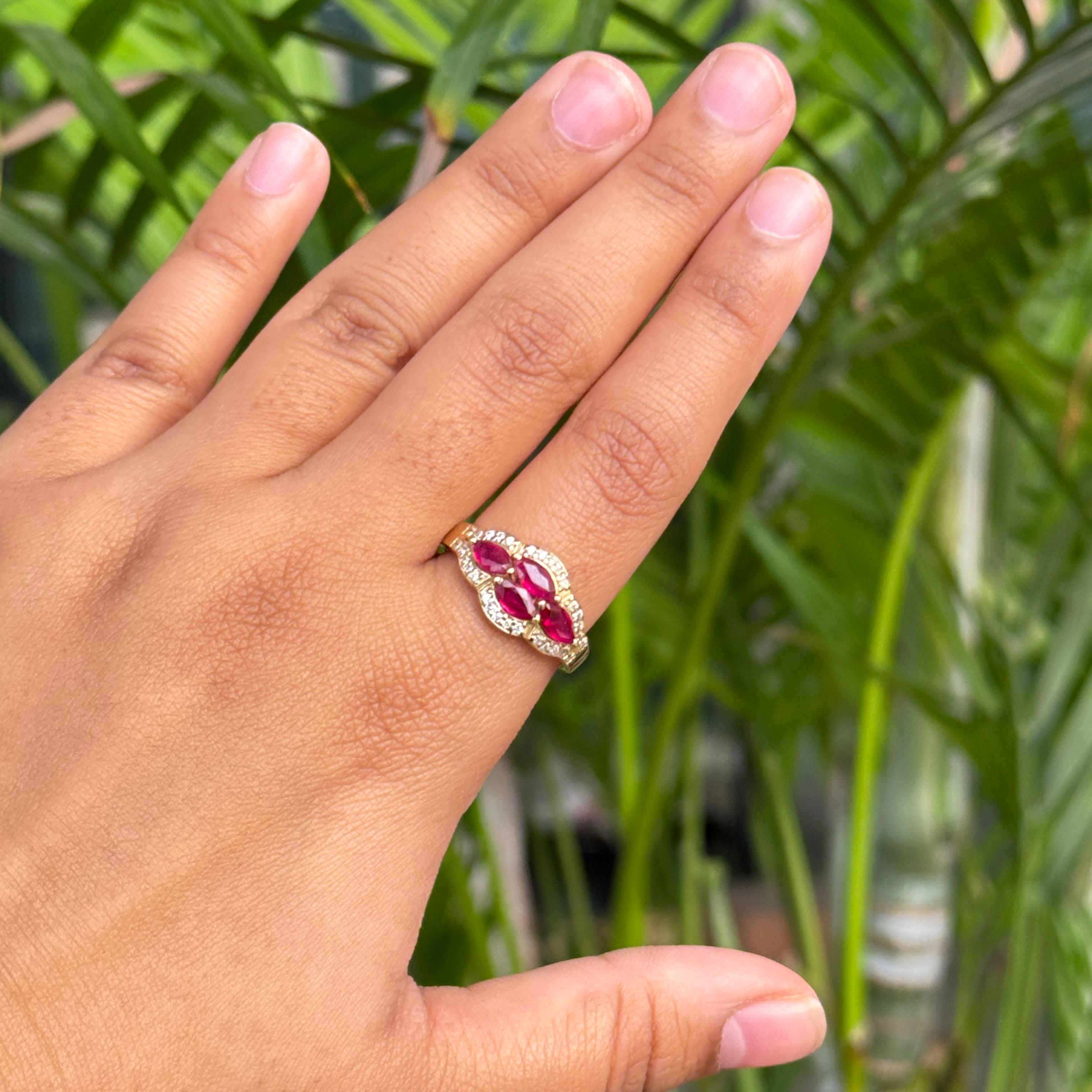 Im Angebot: Vintage Style 14K Gelbgold Marquise Rubin & Diamant Cluster Ring Geschenk für Sie () 12