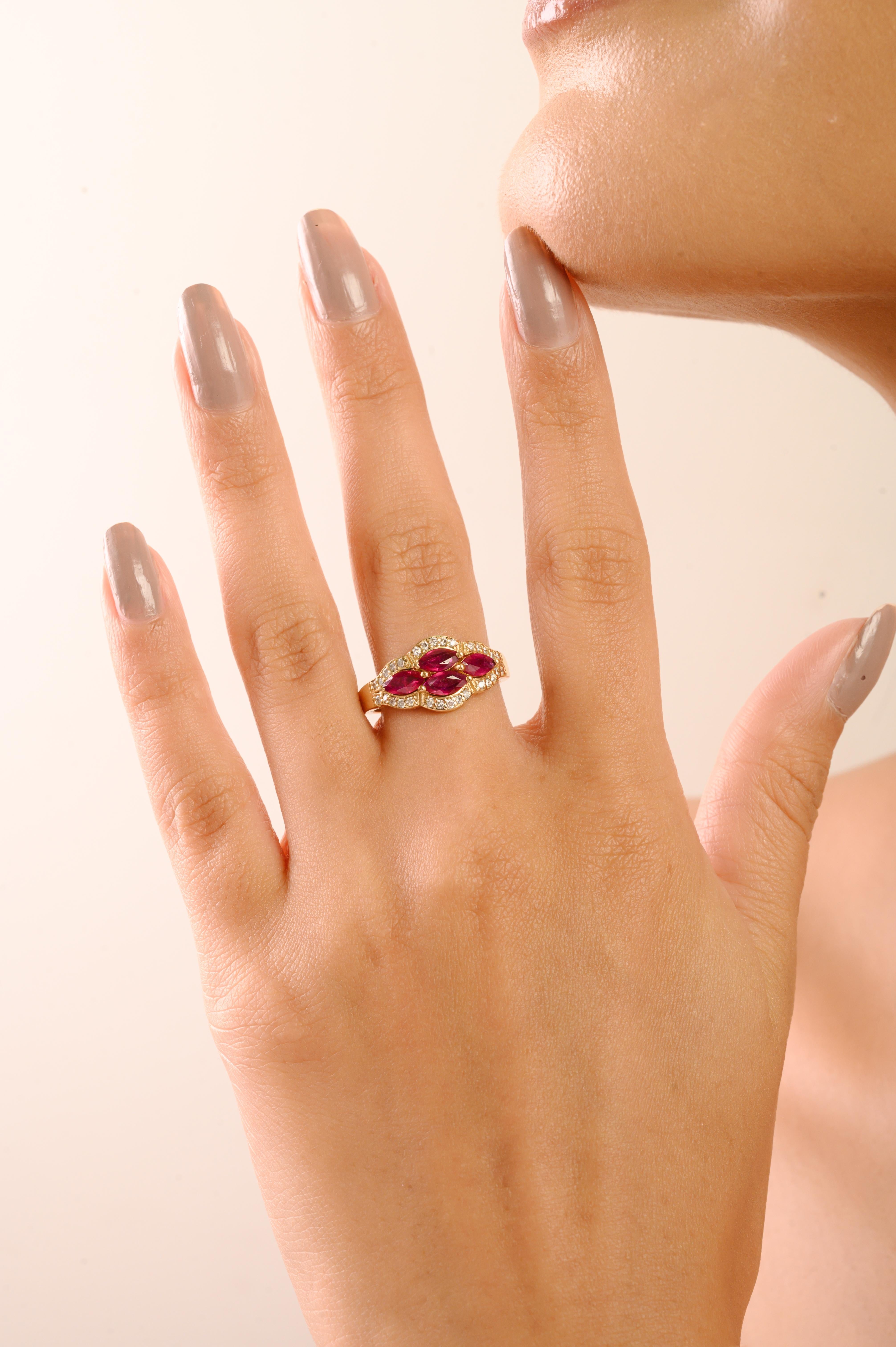 Im Angebot: Vintage Style 14K Gelbgold Marquise Rubin & Diamant Cluster Ring Geschenk für Sie () 5