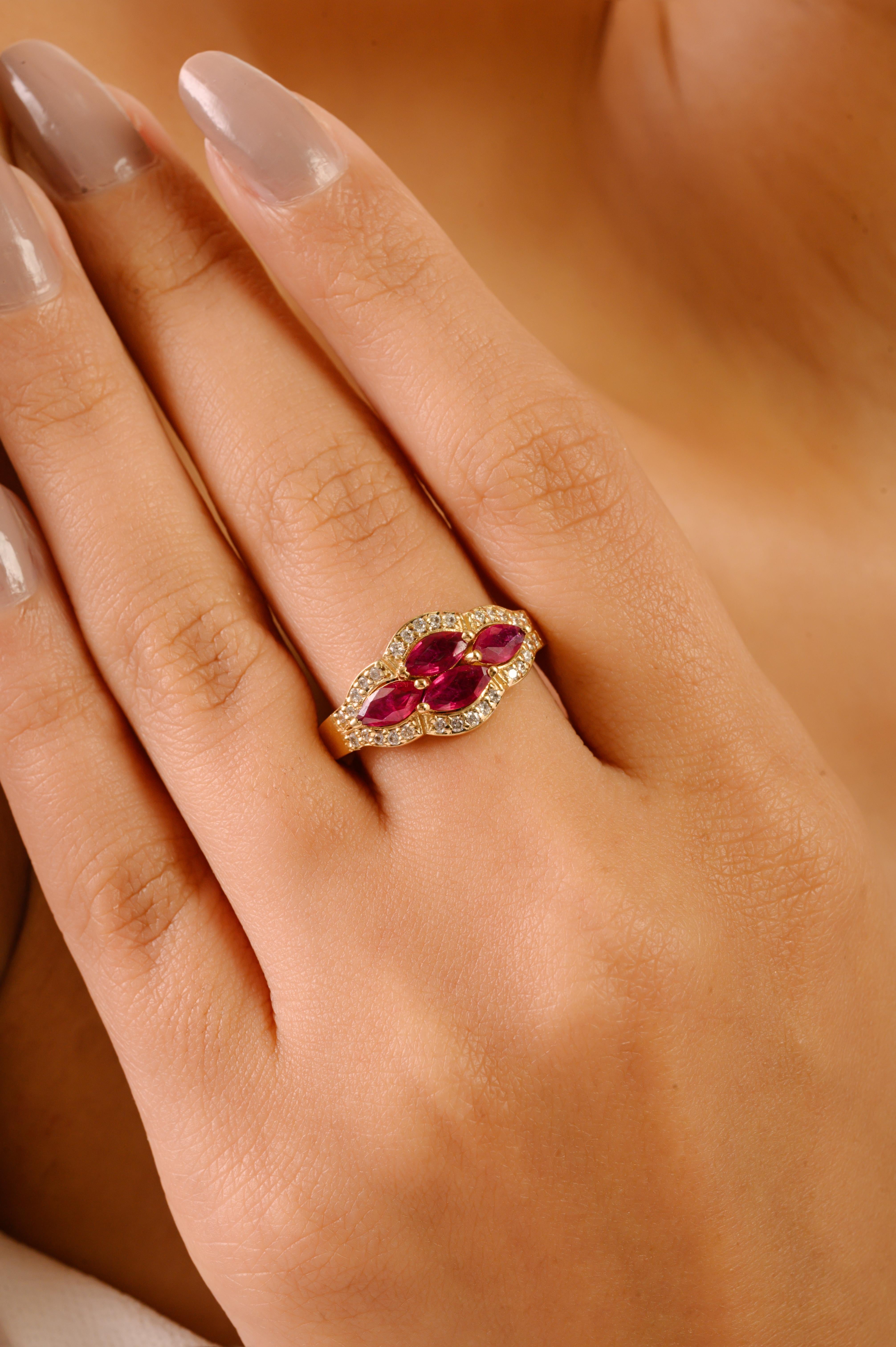 Im Angebot: Vintage Style 14K Gelbgold Marquise Rubin & Diamant Cluster Ring Geschenk für Sie () 8