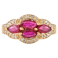 Vintage Style 14K Yellow Gold Marquise Ruby & Diamond Cluster Ring Gift for Her