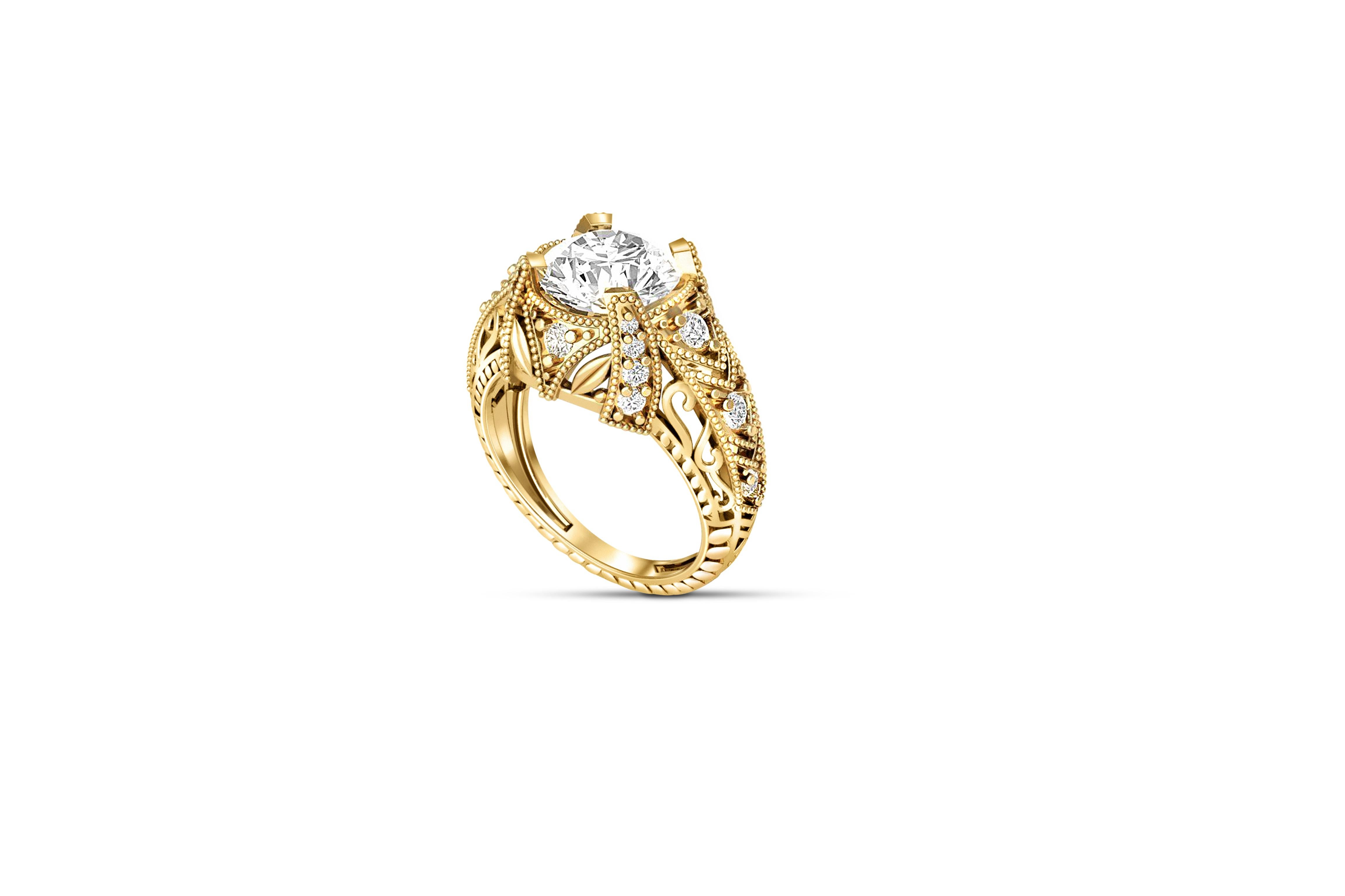 Modern Vintage style  1.5 ct Round Moissanite Engagement 14k Gold Ring. For Sale