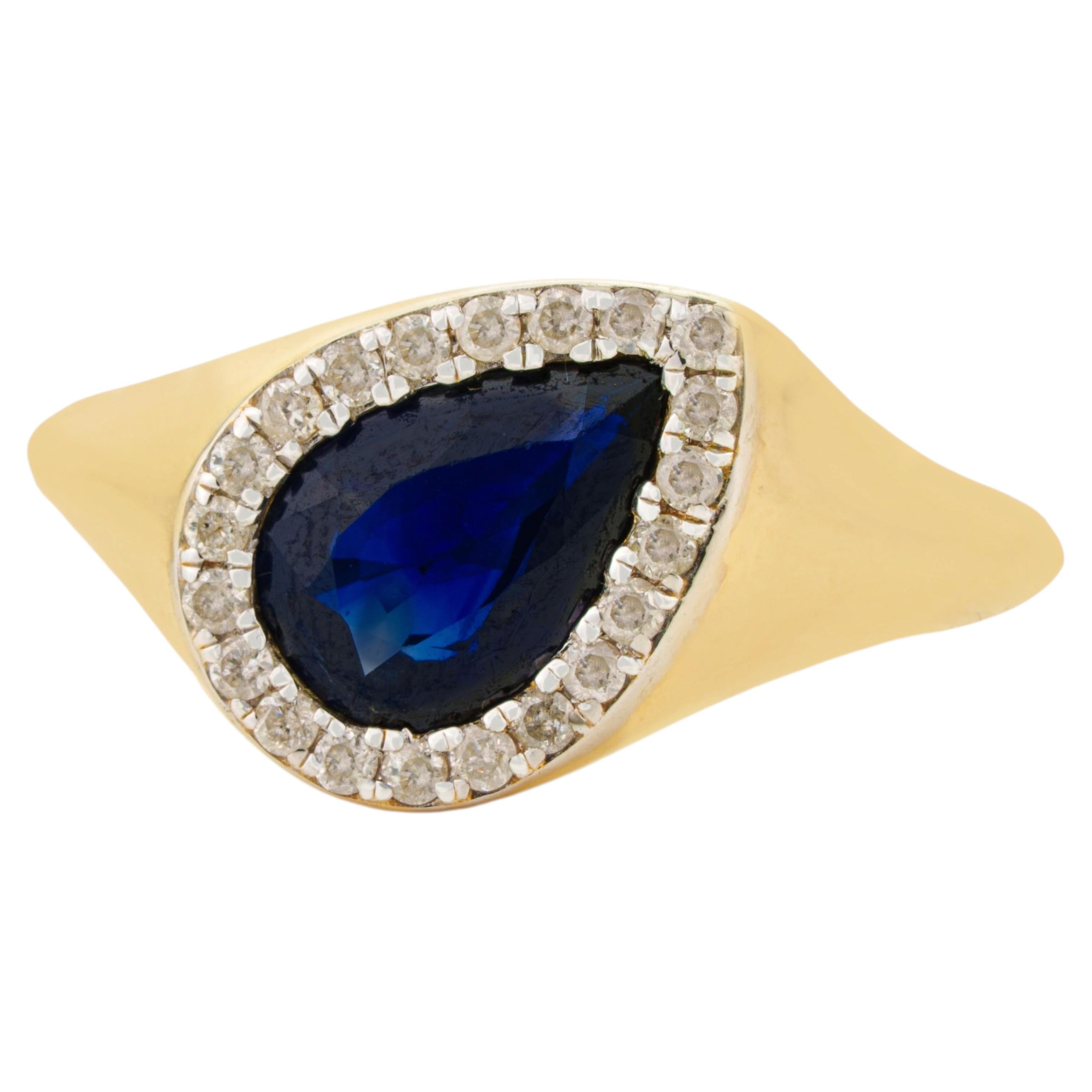 Vintage Style 1.5ct Pear Cut Blue Sapphire Diamond Cocktail Ring 14K Yellow Gold