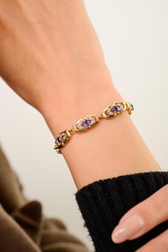 Vintage Style 1.65Ct Natural Sapphire Diamond Bezel Set Link Bracelet 14K Gold