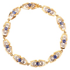 Brazalete de eslabones con zafiro natural de 1,65 ct estilo vintage y diamantes engastados en bisel, oro de 14 quilates