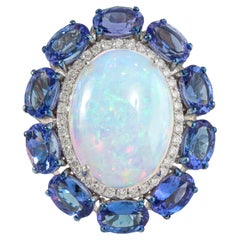 Vintage-Style 18K Gold 10.96ct Opal, Blue Sapphire & Diamond Halo Cocktail Ring